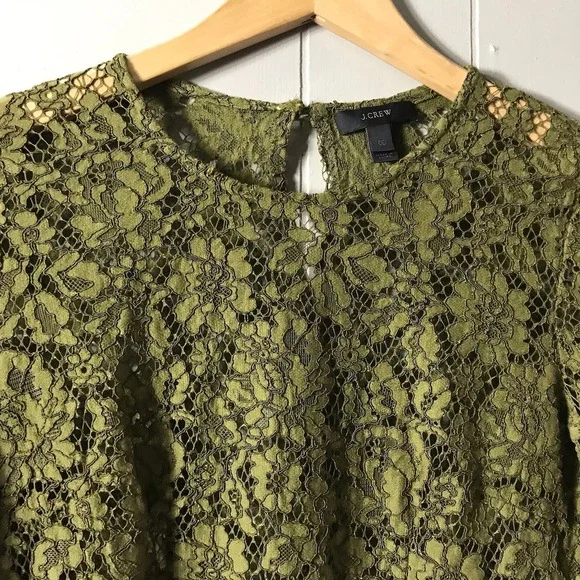 J CREW OLIVE GREEN SHEER FLORAL LACE LONG SLEEVE BLOUSE KEYHOLE WOMENS SIZE 00 - Picture 2 of 7